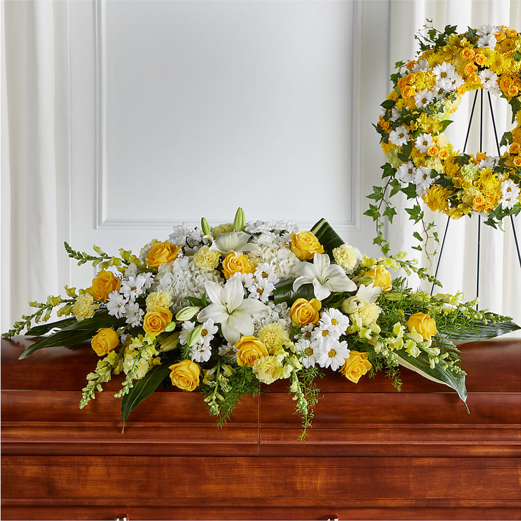 Golden Harmony Casket Spray – SHARON'S FLOWERS, Lafayette IN