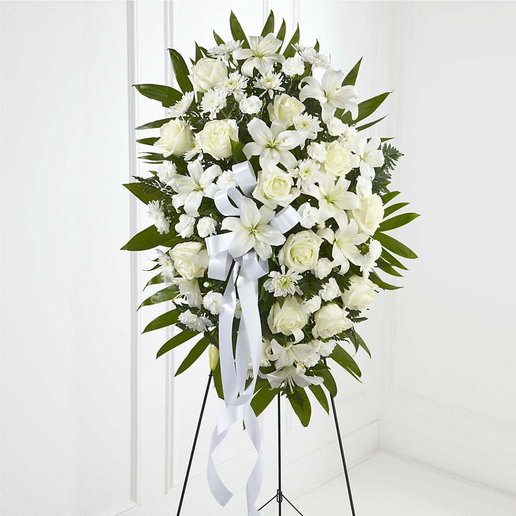 Exquisite Tribute Standing Spray-White Ribbon – SHARON'S FLOWERS, Lafayette IN
